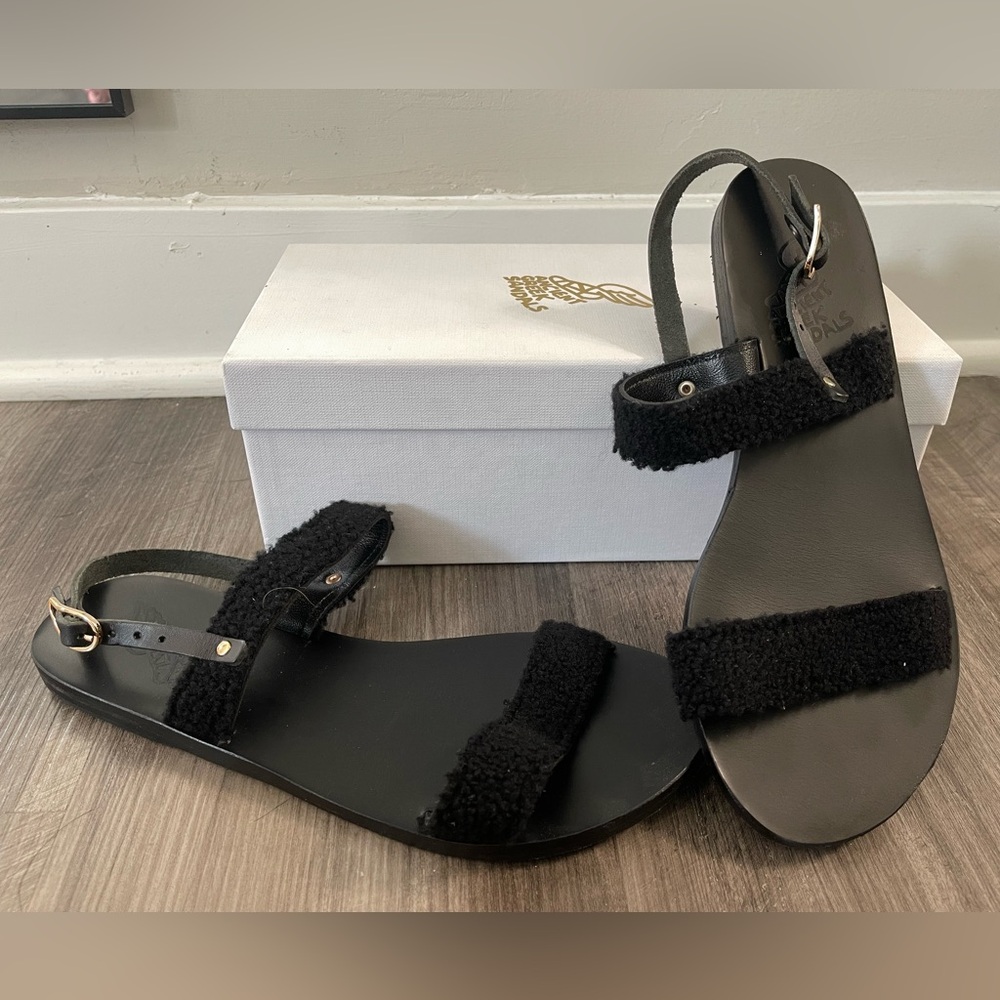 Ancient Greek Sandals in Black Shearling Size 39